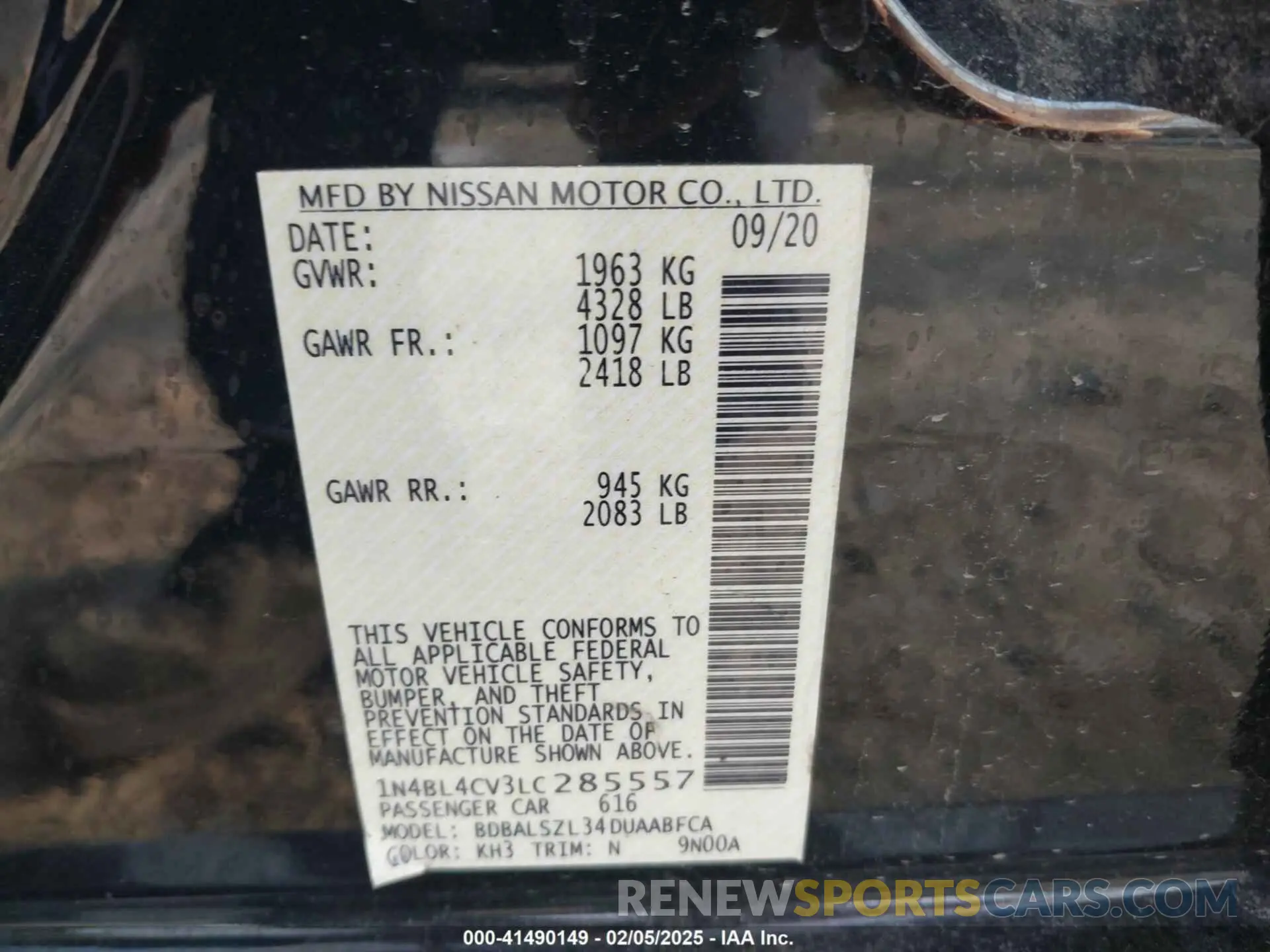 9 Photograph of a damaged car 1N4BL4CV3LC285557 NISSAN ALTIMA 2020