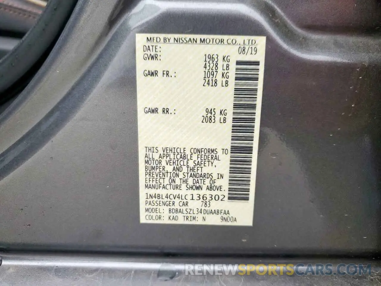 12 Photograph of a damaged car 1N4BL4CV4LC136302 NISSAN ALTIMA 2020