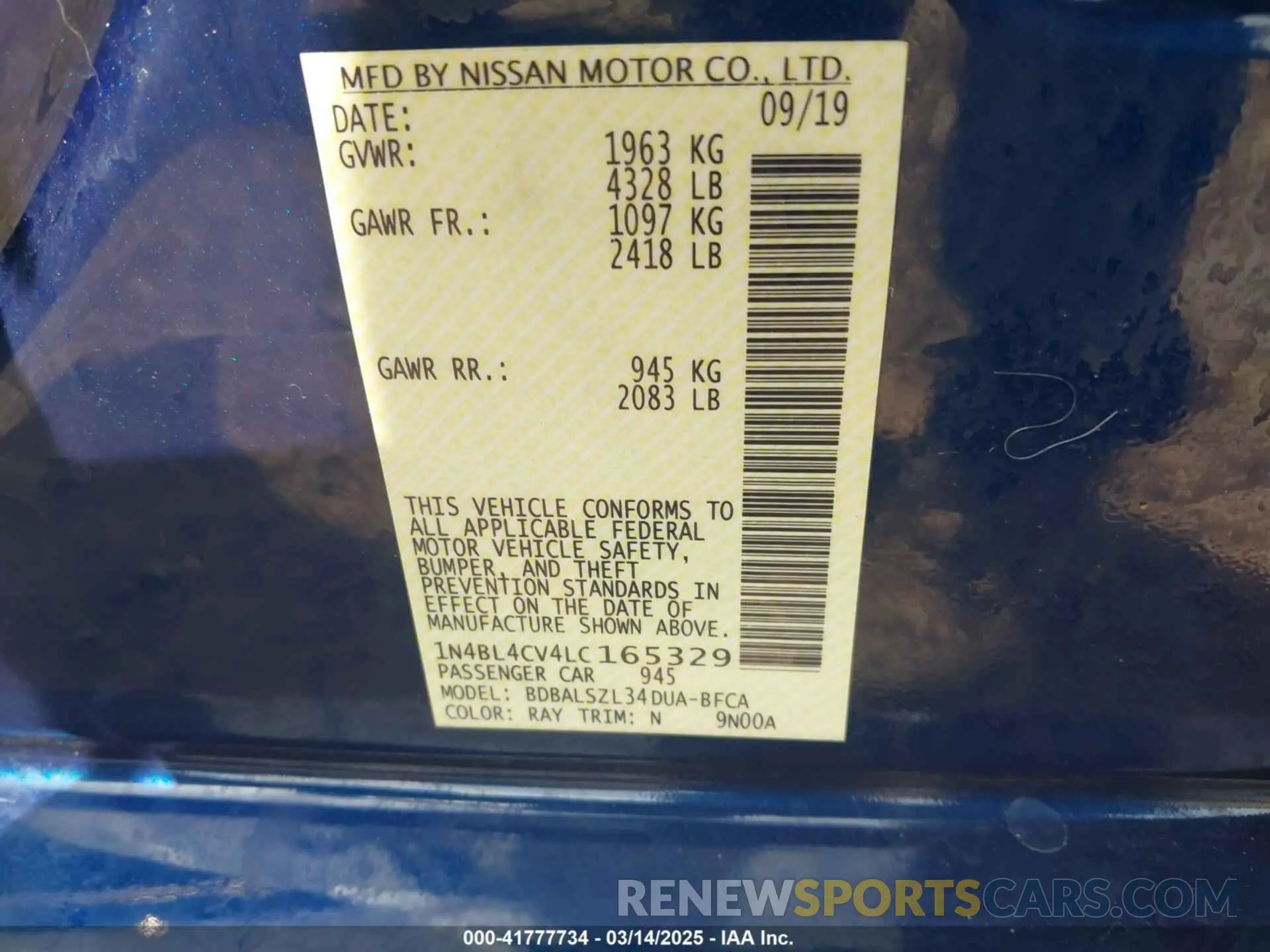 9 Photograph of a damaged car 1N4BL4CV4LC165329 NISSAN ALTIMA 2020