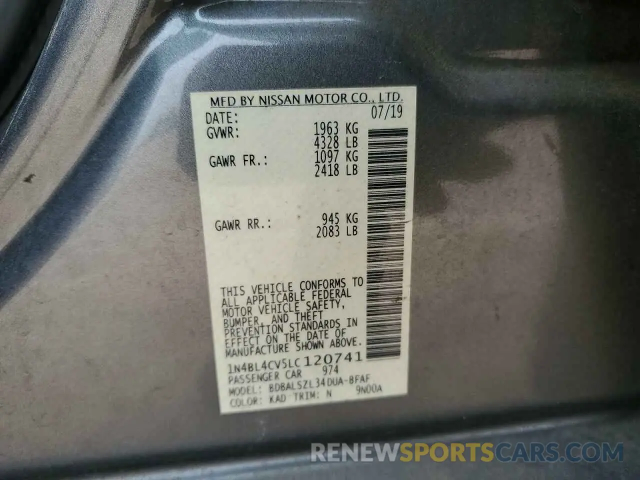 14 Photograph of a damaged car 1N4BL4CV5LC120741 NISSAN ALTIMA 2020