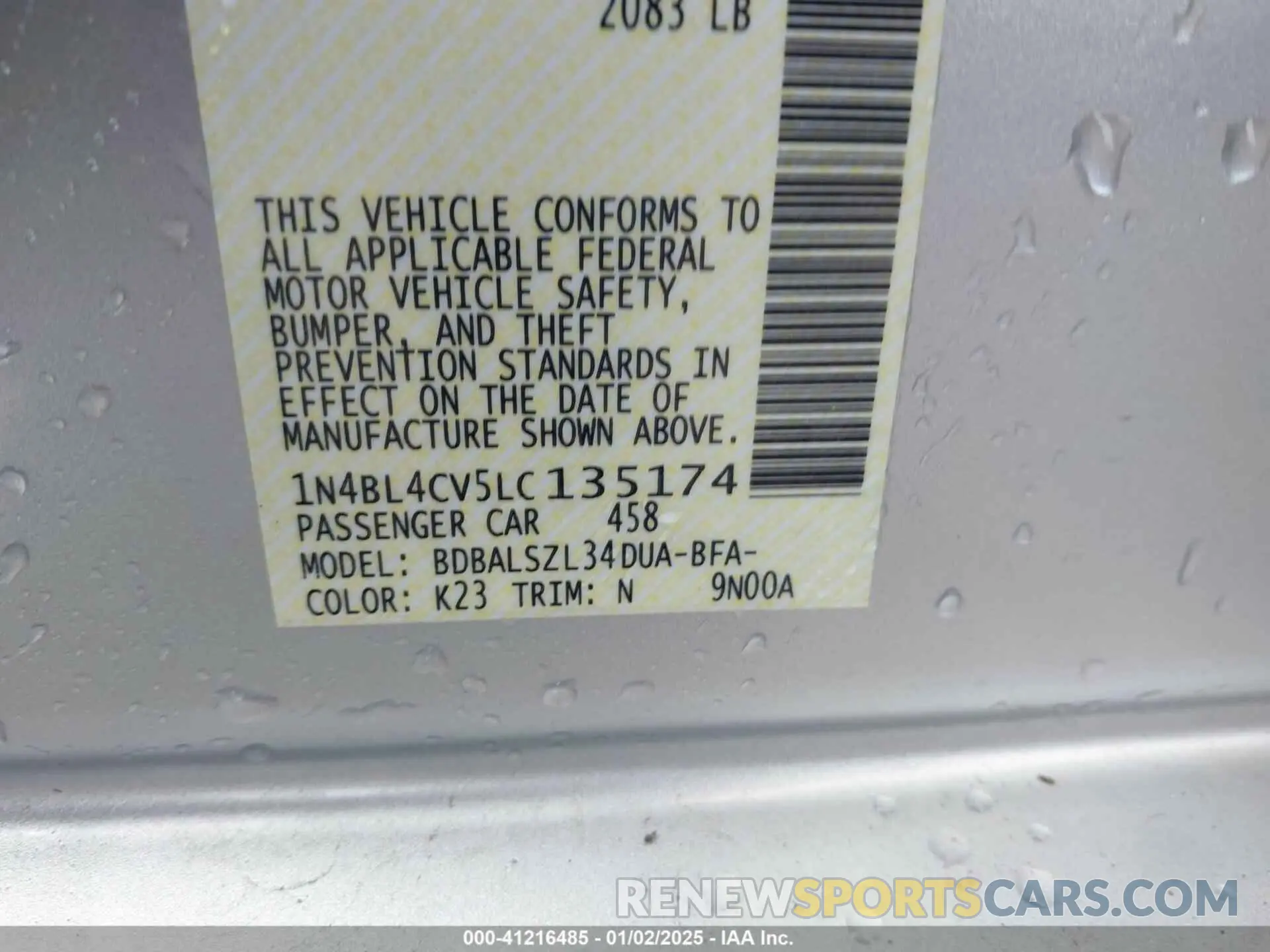 9 Photograph of a damaged car 1N4BL4CV5LC135174 NISSAN ALTIMA 2020