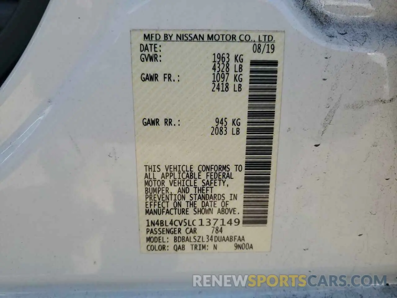 12 Photograph of a damaged car 1N4BL4CV5LC137149 NISSAN ALTIMA 2020