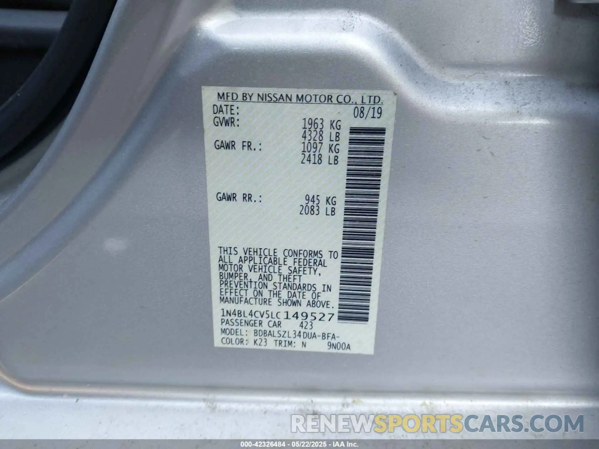 9 Photograph of a damaged car 1N4BL4CV5LC149527 NISSAN ALTIMA 2020
