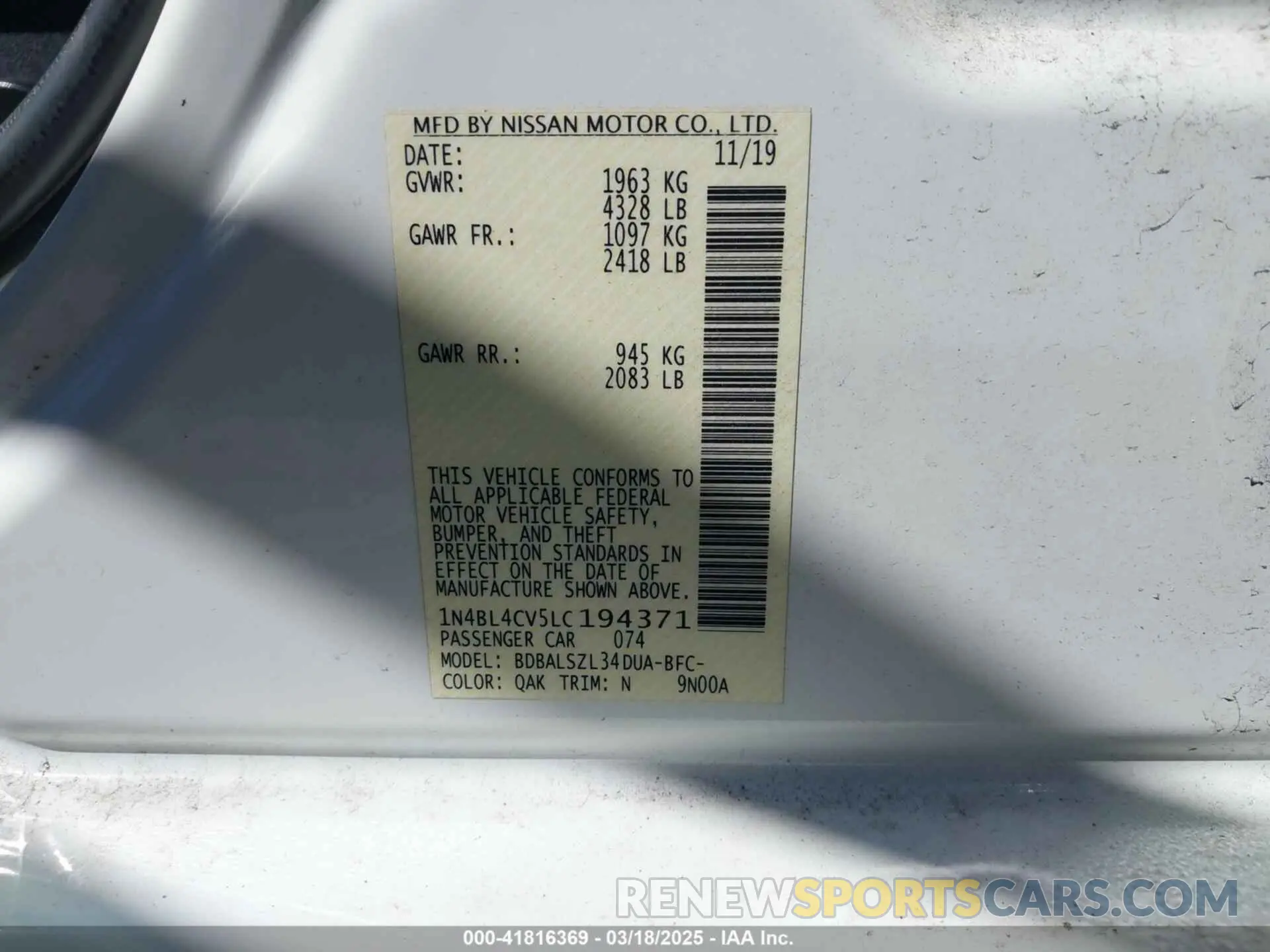 9 Photograph of a damaged car 1N4BL4CV5LC194371 NISSAN ALTIMA 2020