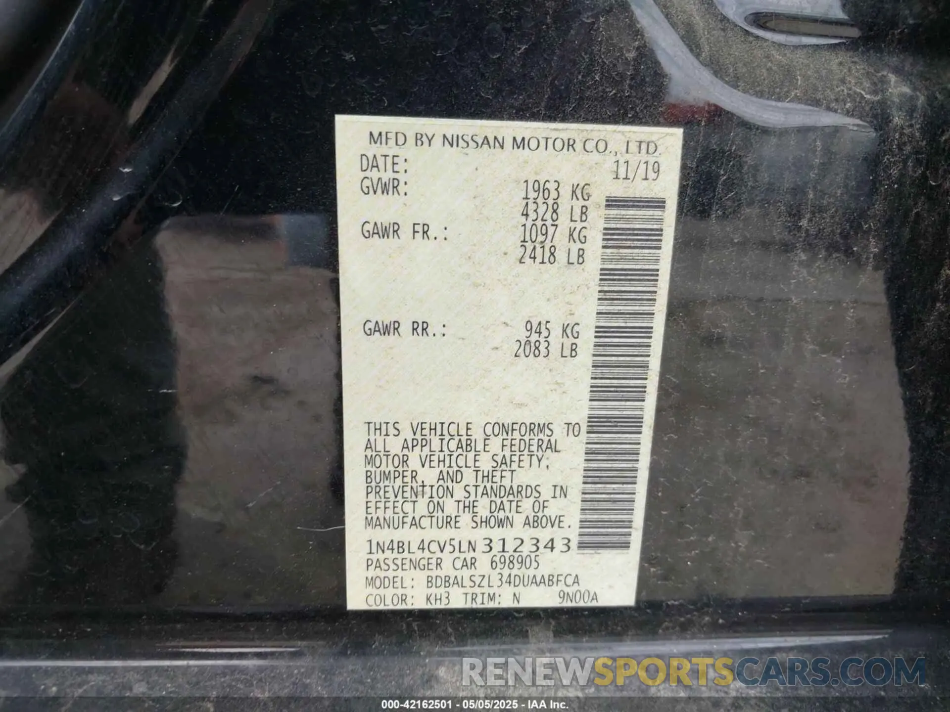 9 Photograph of a damaged car 1N4BL4CV5LN312343 NISSAN ALTIMA 2020