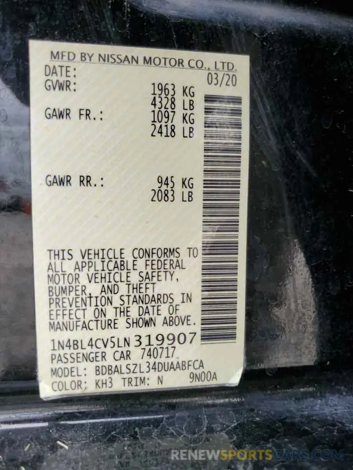 12 Photograph of a damaged car 1N4BL4CV5LN319907 NISSAN ALTIMA 2020