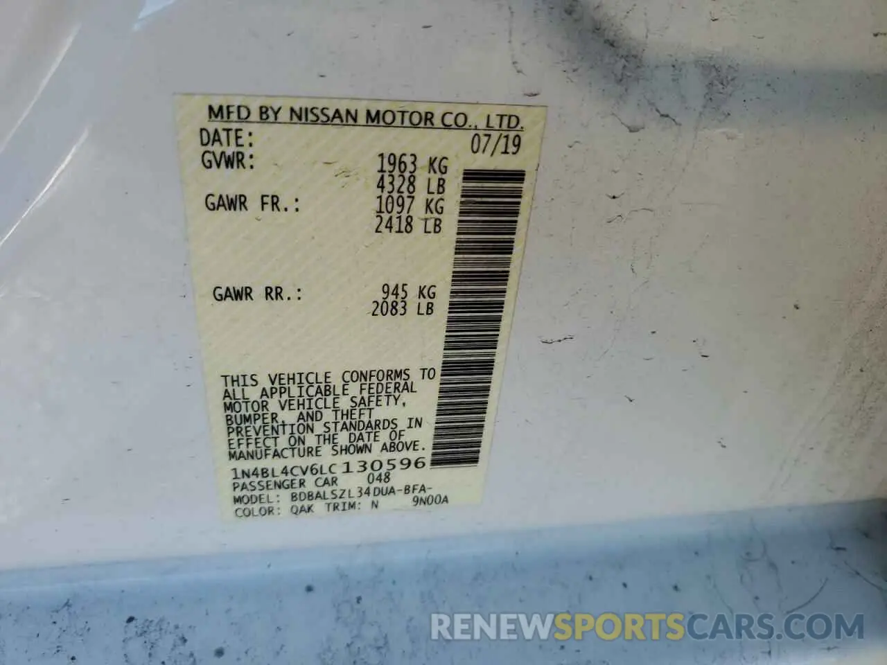 14 Photograph of a damaged car 1N4BL4CV6LC130596 NISSAN ALTIMA 2020