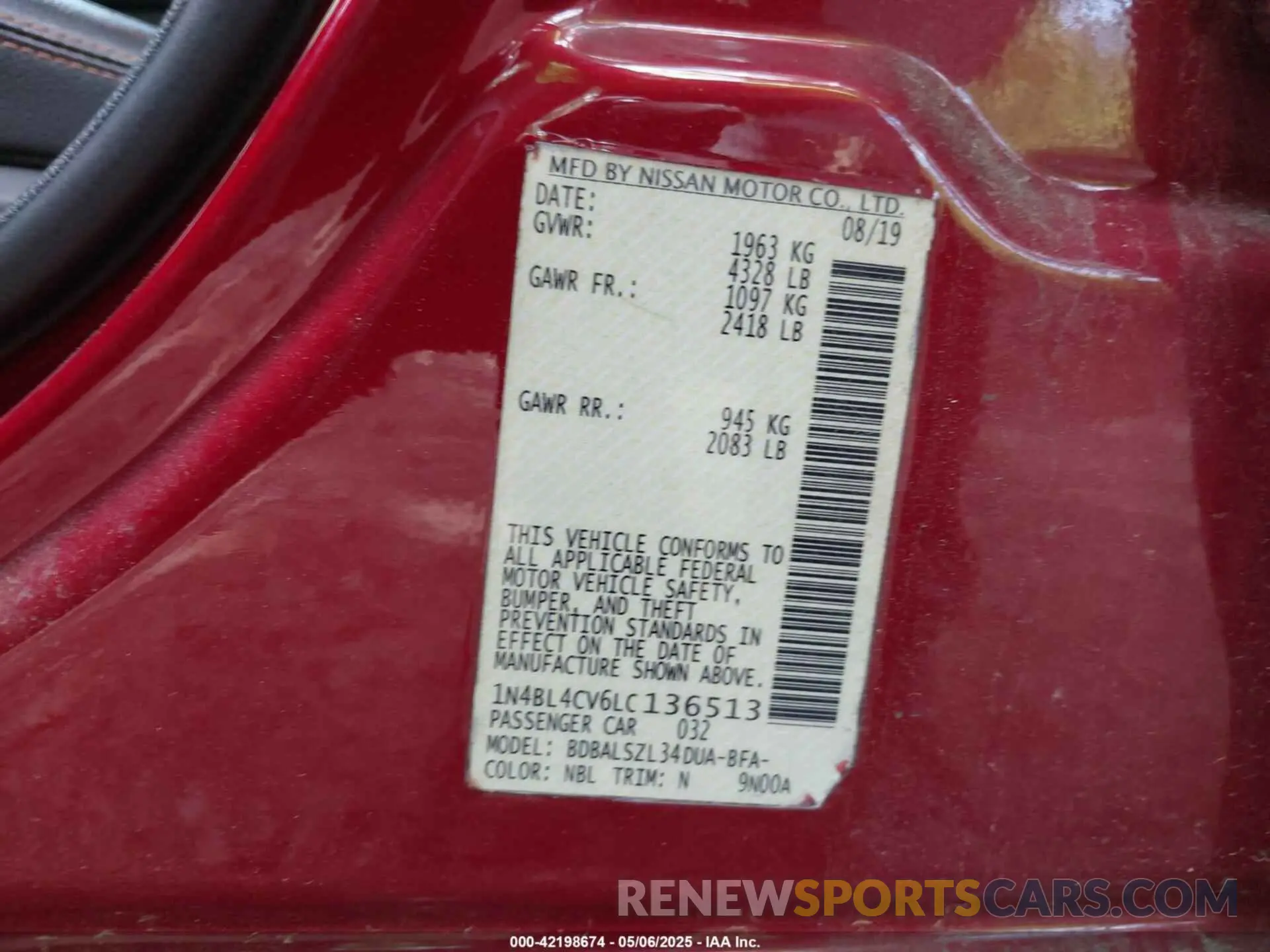 9 Photograph of a damaged car 1N4BL4CV6LC136513 NISSAN ALTIMA 2020