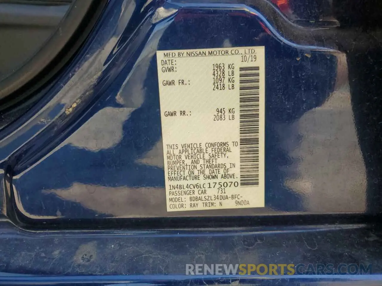 13 Photograph of a damaged car 1N4BL4CV6LC175070 NISSAN ALTIMA 2020