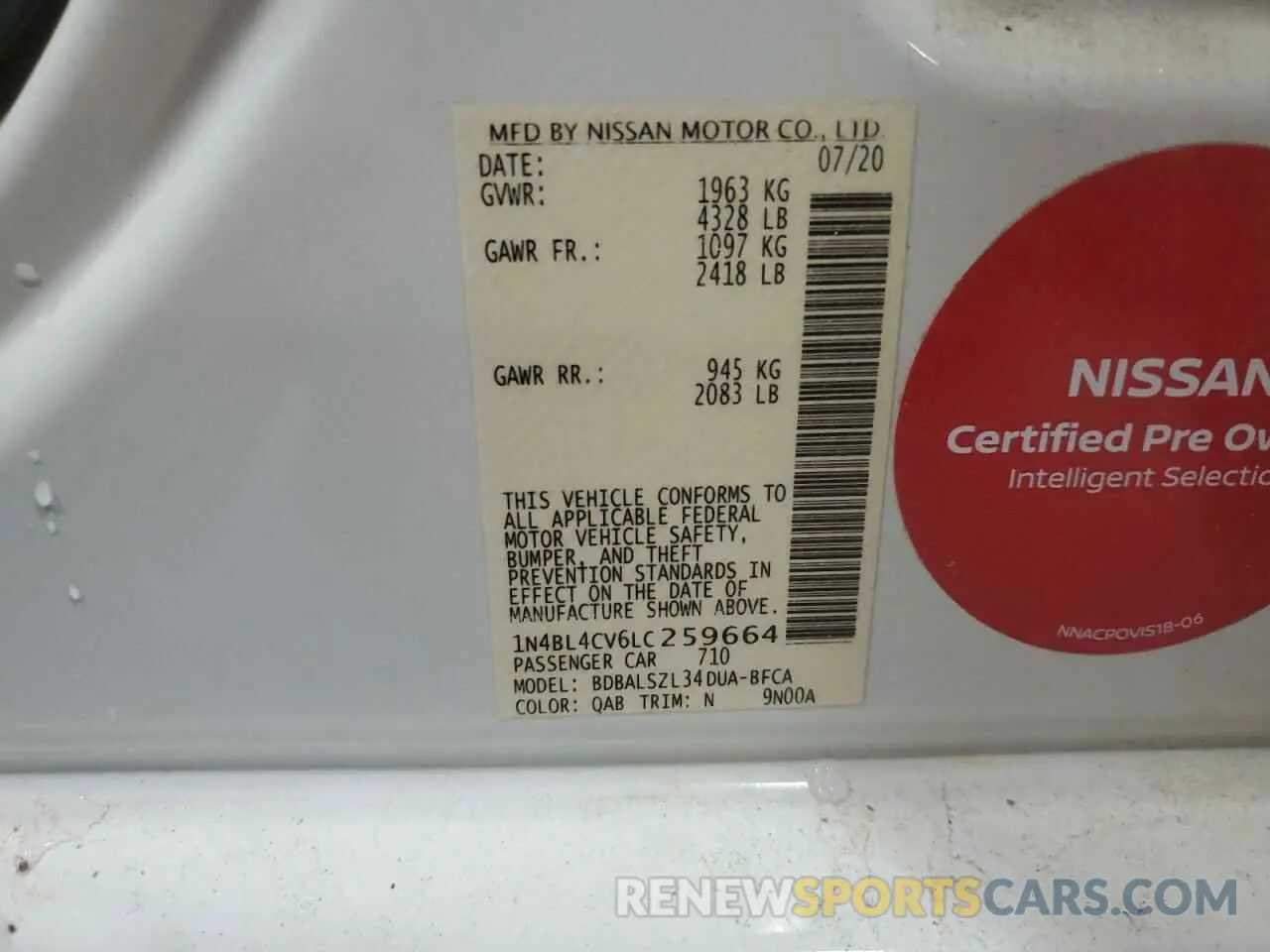 12 Photograph of a damaged car 1N4BL4CV6LC259664 NISSAN ALTIMA 2020