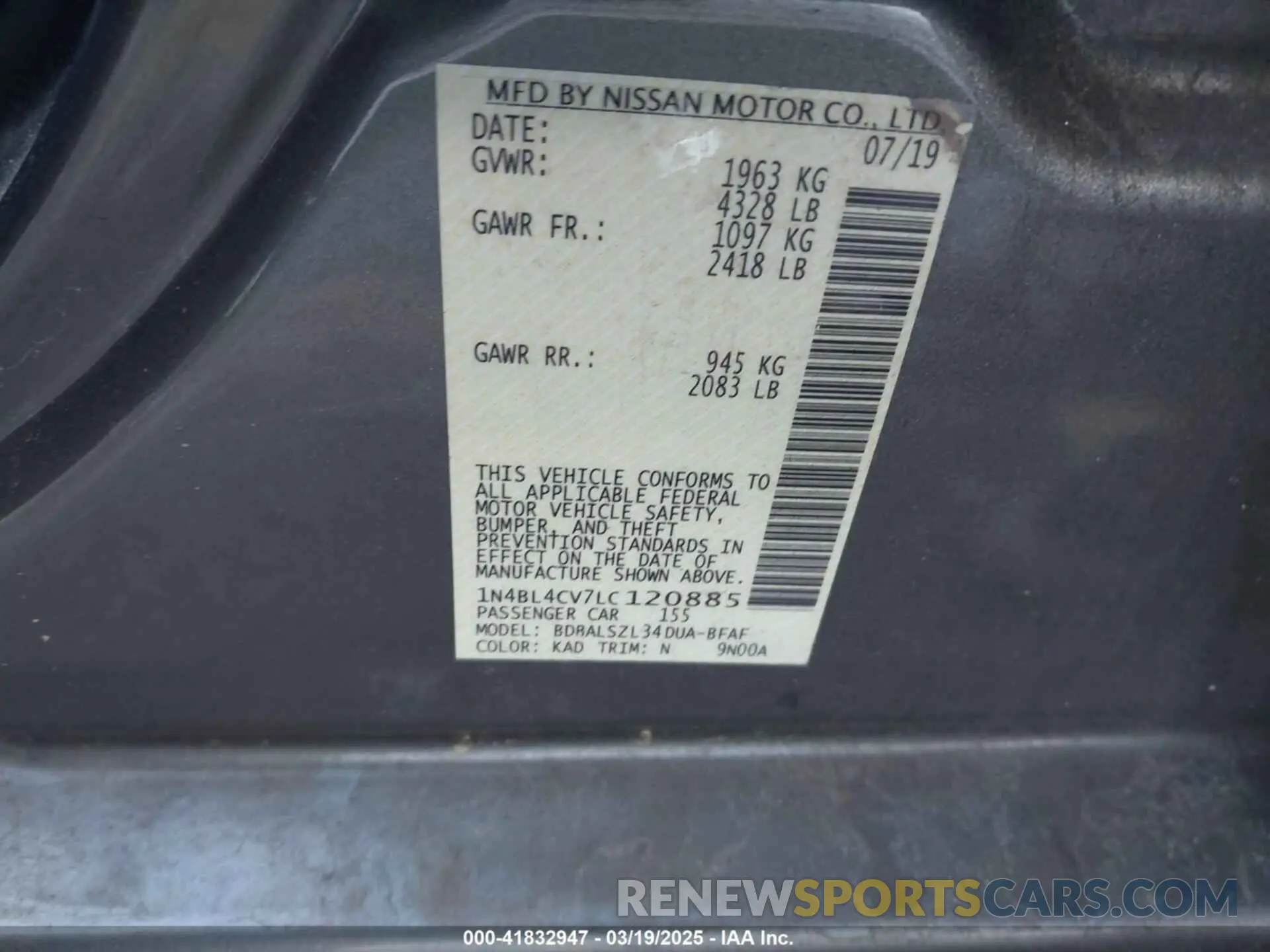 9 Photograph of a damaged car 1N4BL4CV7LC120885 NISSAN ALTIMA 2020