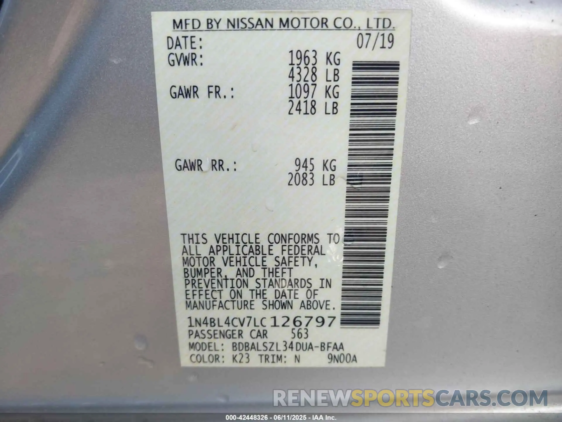 9 Photograph of a damaged car 1N4BL4CV7LC126797 NISSAN ALTIMA 2020