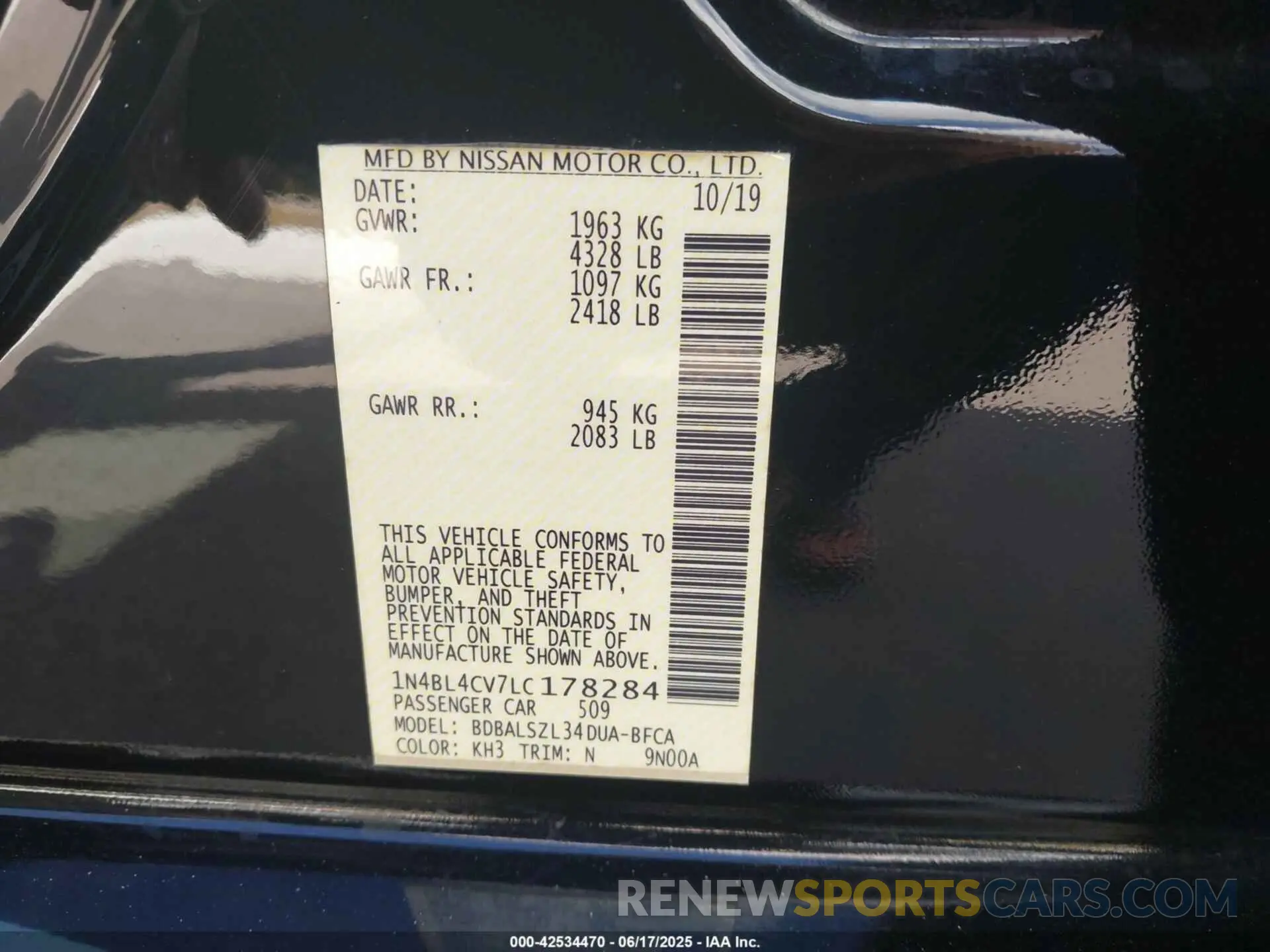9 Photograph of a damaged car 1N4BL4CV7LC178284 NISSAN ALTIMA 2020