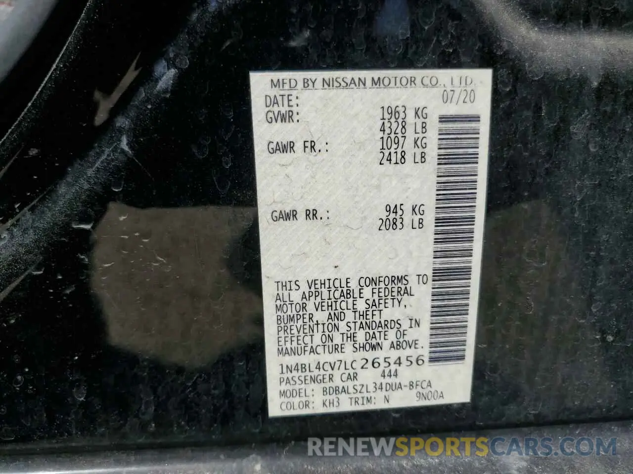 12 Photograph of a damaged car 1N4BL4CV7LC265456 NISSAN ALTIMA 2020