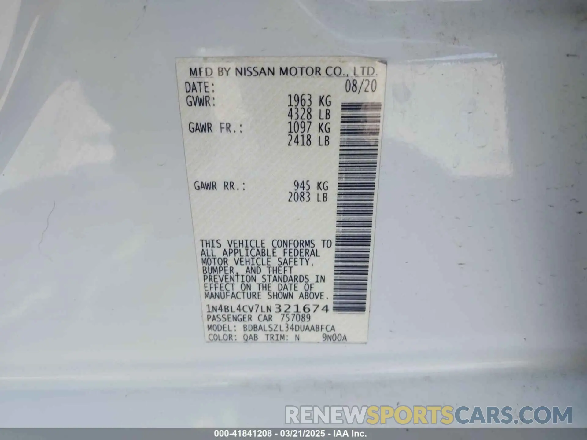 9 Photograph of a damaged car 1N4BL4CV7LN321674 NISSAN ALTIMA 2020