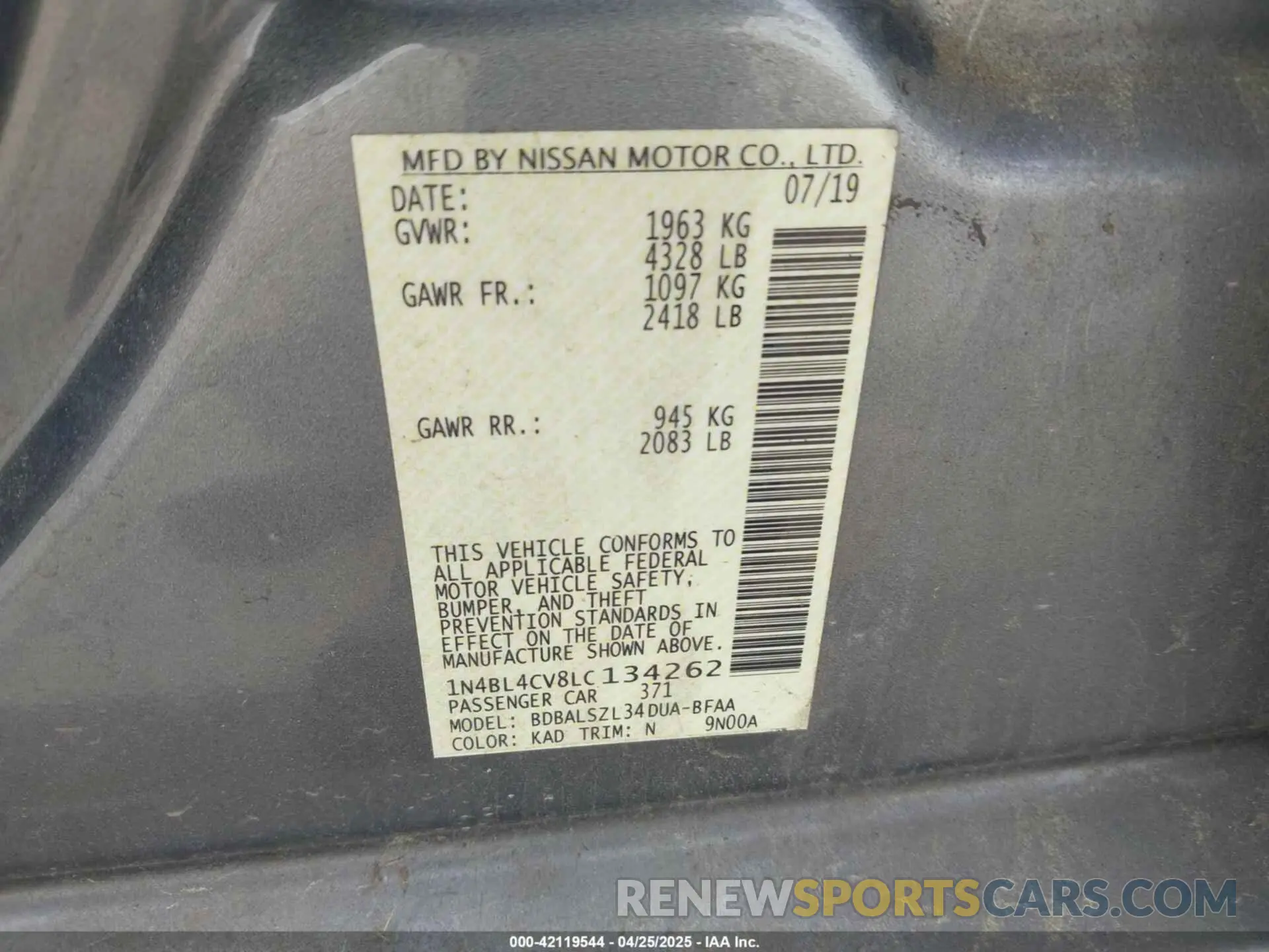 9 Photograph of a damaged car 1N4BL4CV8LC134262 NISSAN ALTIMA 2020