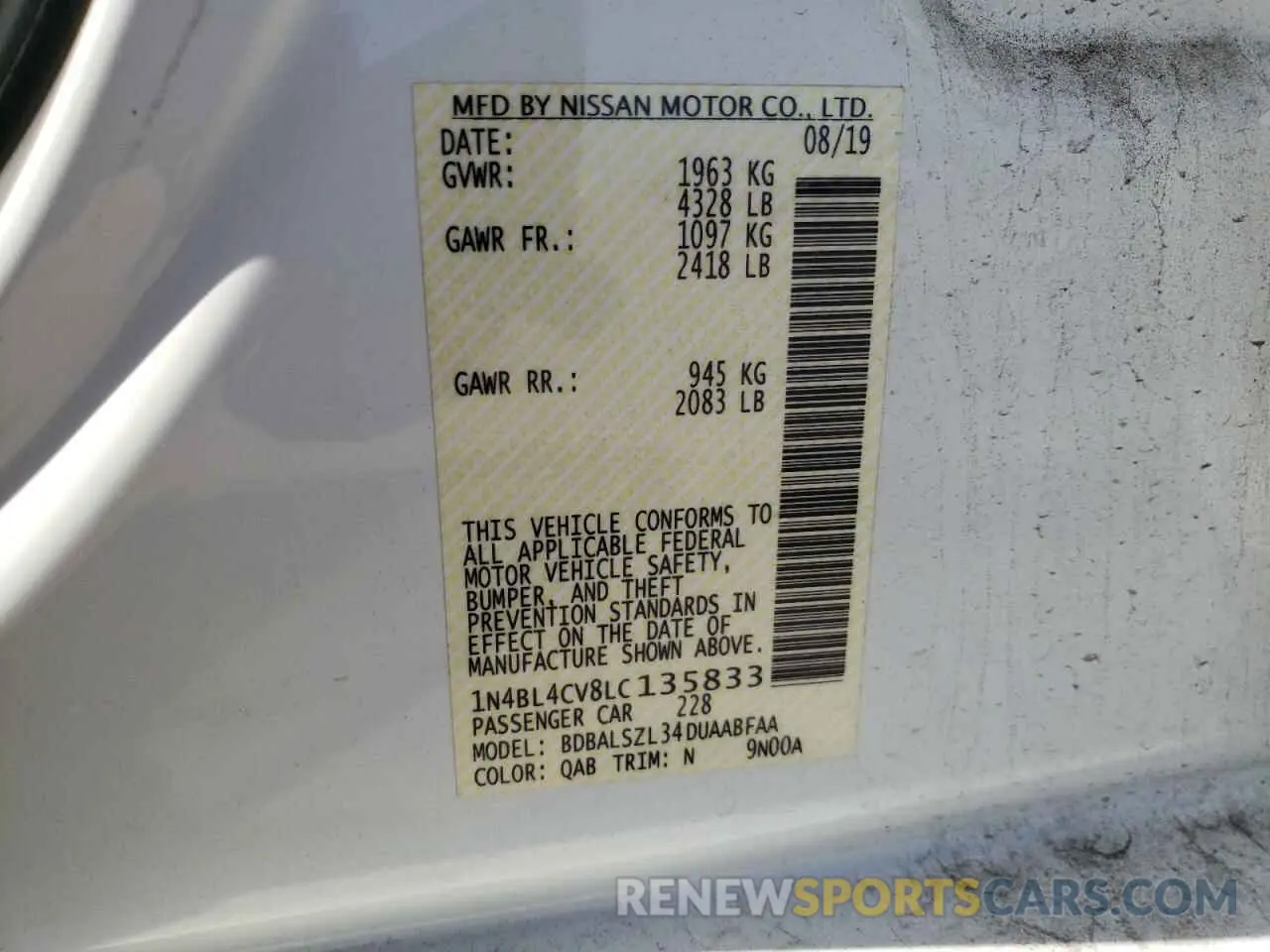 13 Photograph of a damaged car 1N4BL4CV8LC135833 NISSAN ALTIMA 2020
