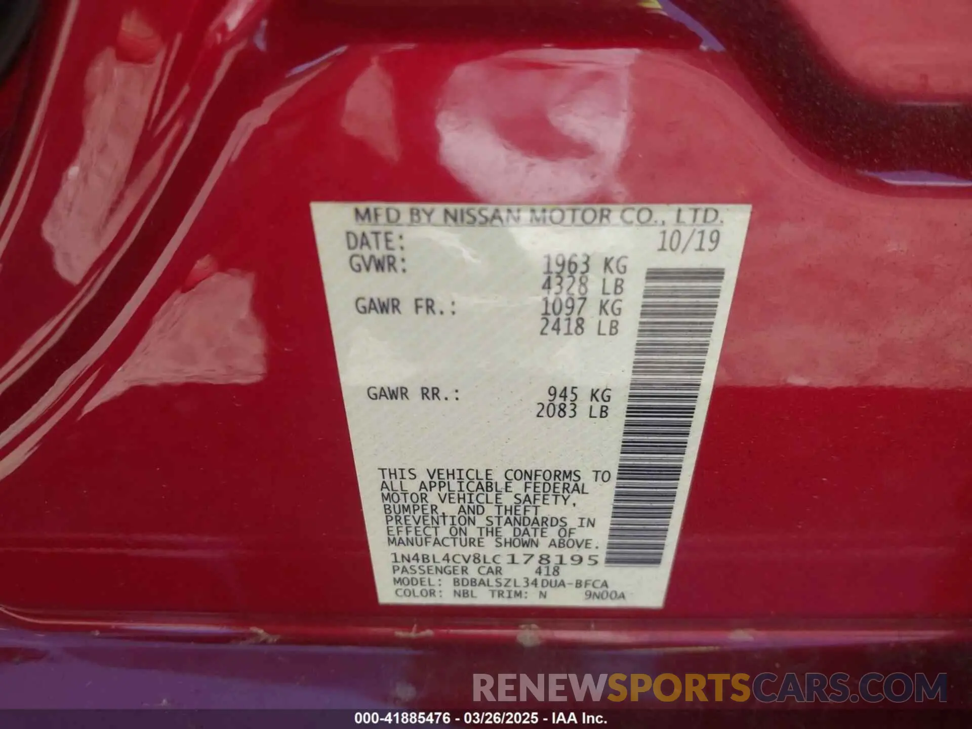 9 Photograph of a damaged car 1N4BL4CV8LC178195 NISSAN ALTIMA 2020