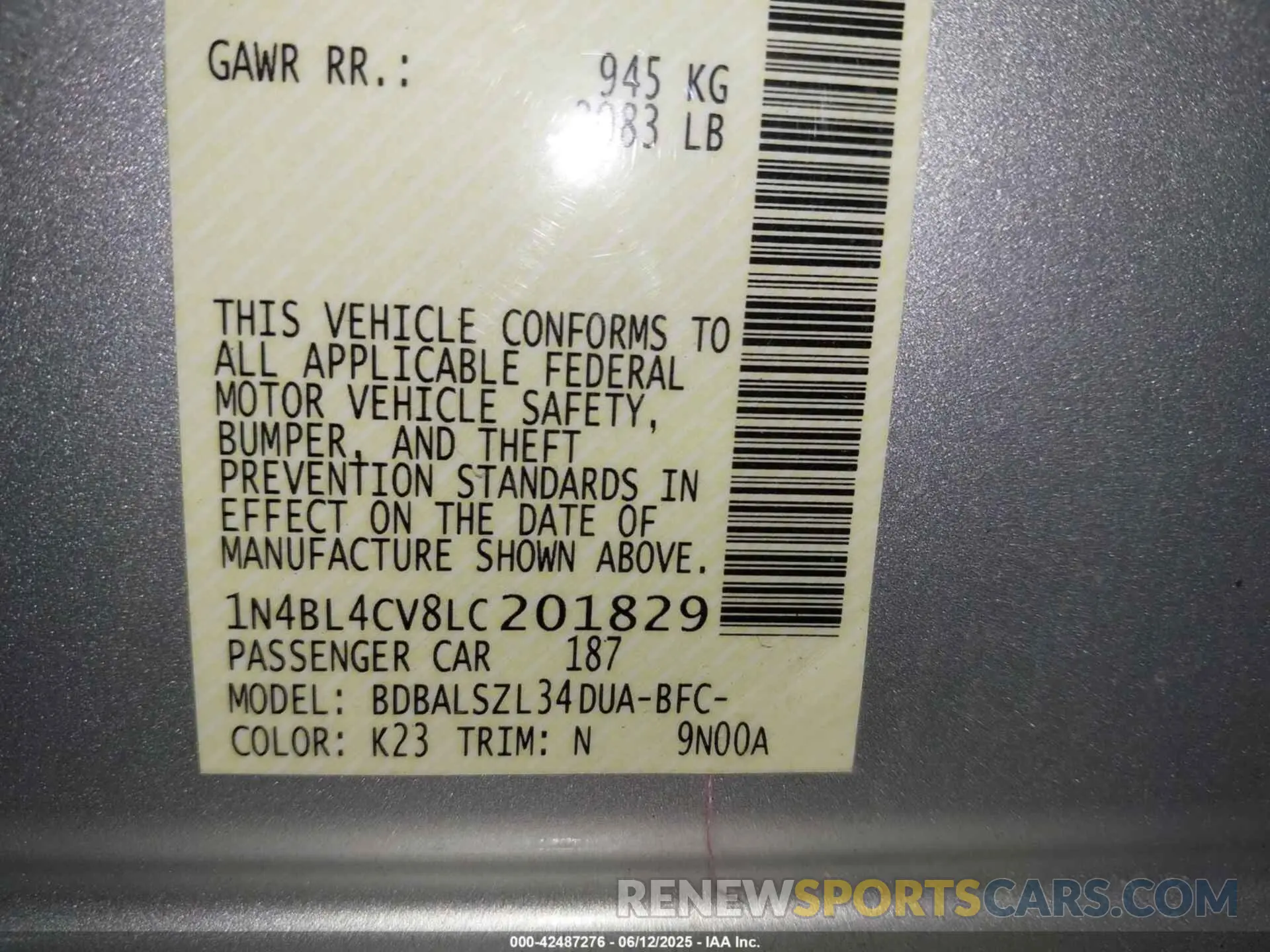 9 Photograph of a damaged car 1N4BL4CV8LC201829 NISSAN ALTIMA 2020