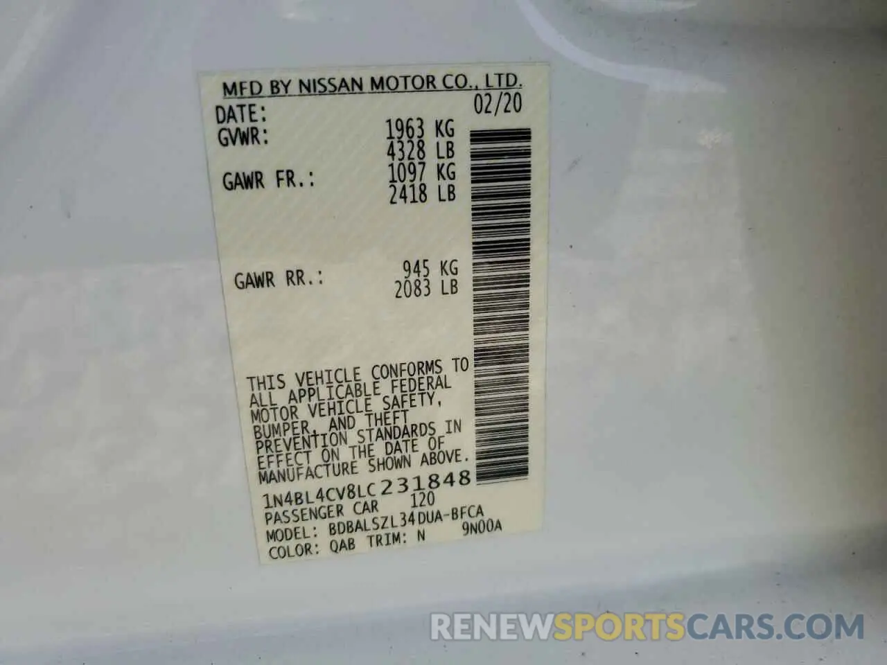 12 Photograph of a damaged car 1N4BL4CV8LC231848 NISSAN ALTIMA 2020