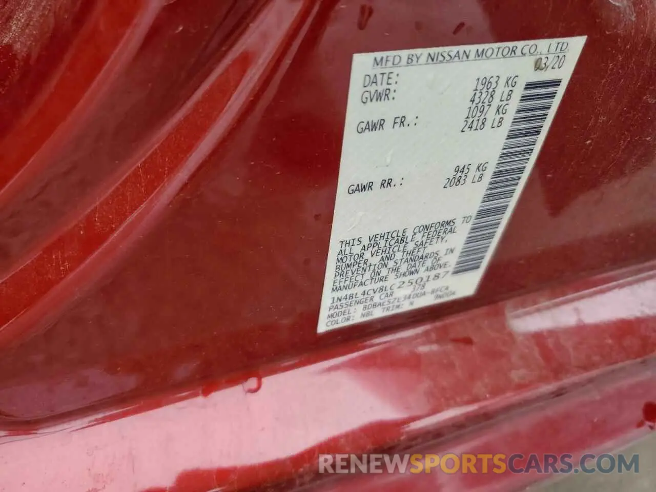 15 Photograph of a damaged car 1N4BL4CV8LC250187 NISSAN ALTIMA 2020