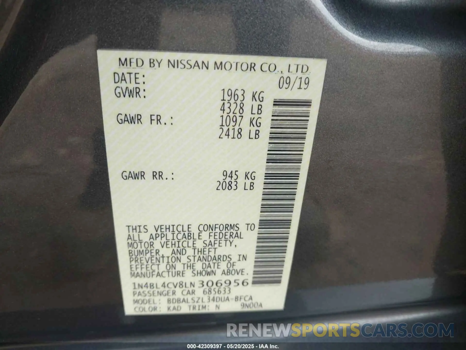 9 Photograph of a damaged car 1N4BL4CV8LN306956 NISSAN ALTIMA 2020