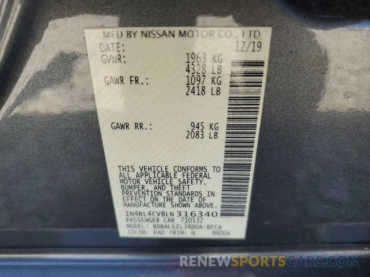 12 Photograph of a damaged car 1N4BL4CV8LN316340 NISSAN ALTIMA 2020