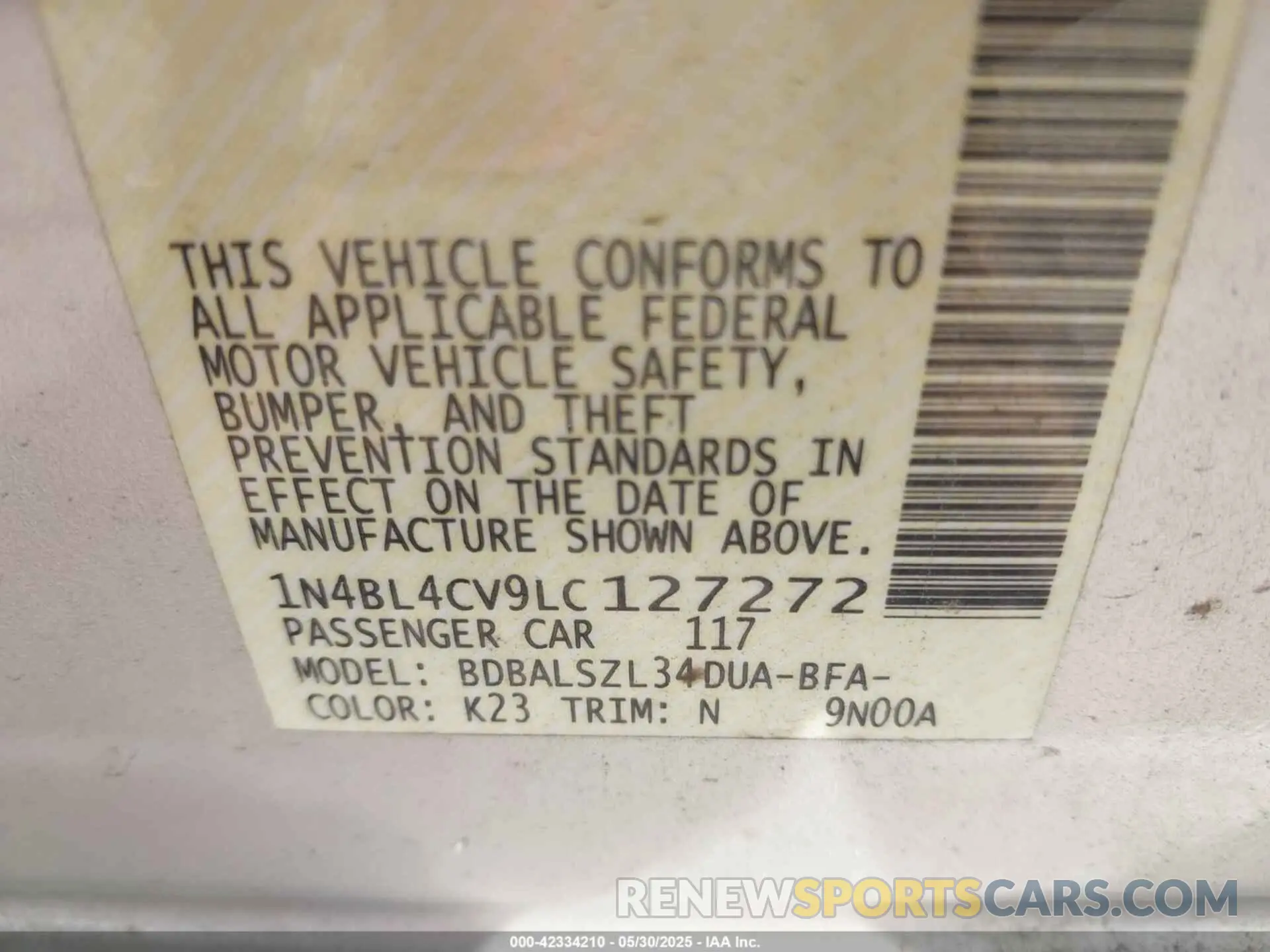 9 Photograph of a damaged car 1N4BL4CV9LC127272 NISSAN ALTIMA 2020
