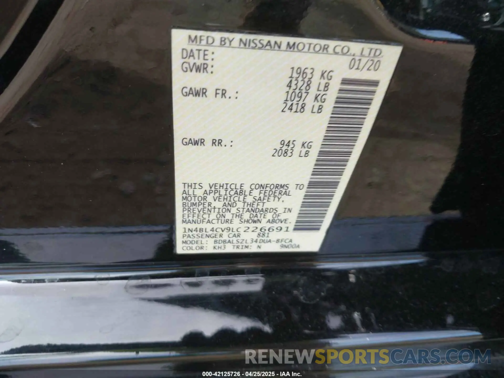 9 Photograph of a damaged car 1N4BL4CV9LC226691 NISSAN ALTIMA 2020