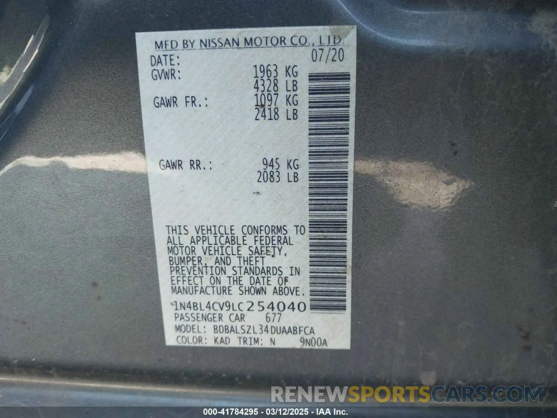 9 Photograph of a damaged car 1N4BL4CV9LC254040 NISSAN ALTIMA 2020