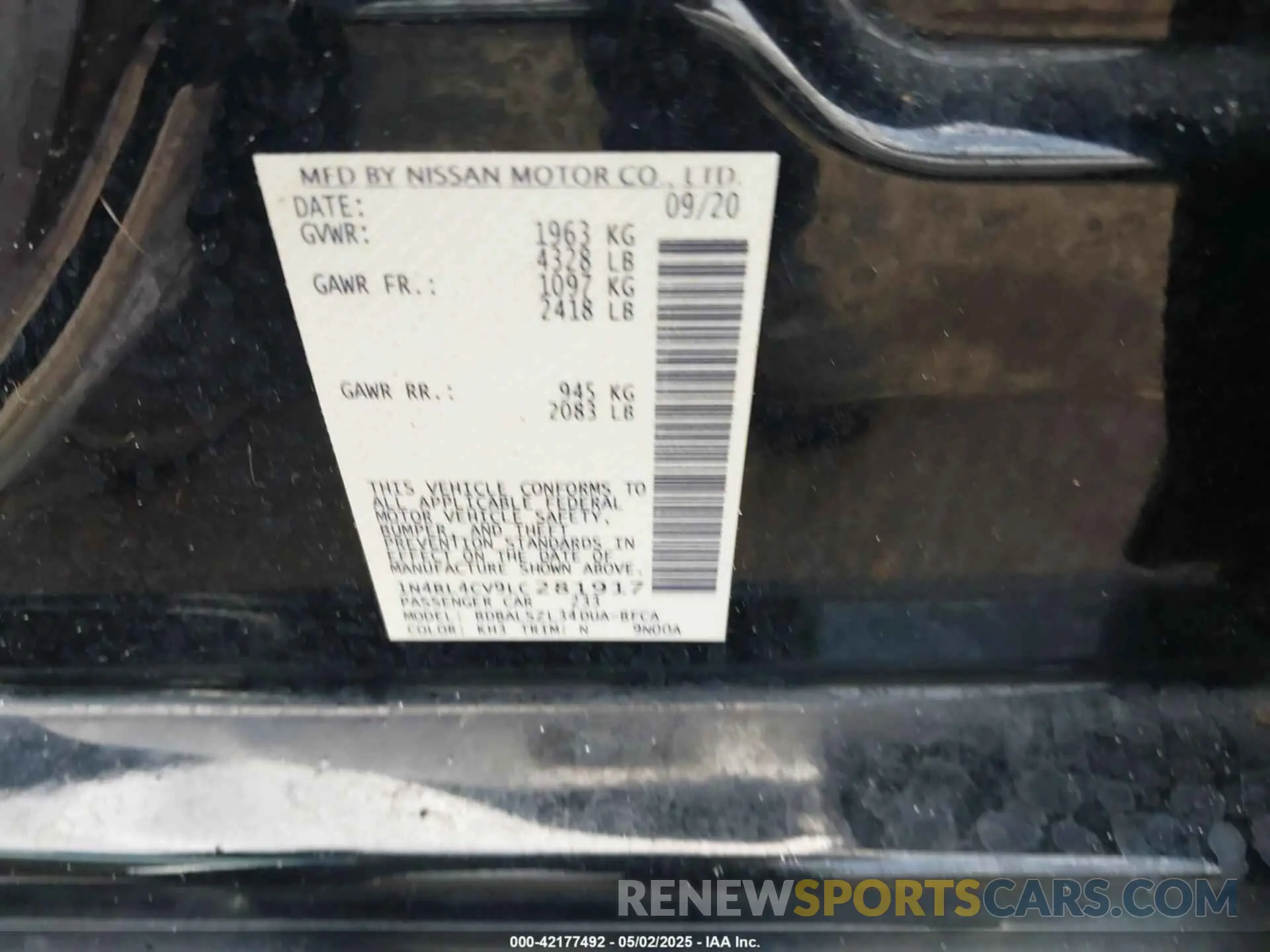 9 Photograph of a damaged car 1N4BL4CV9LC281917 NISSAN ALTIMA 2020