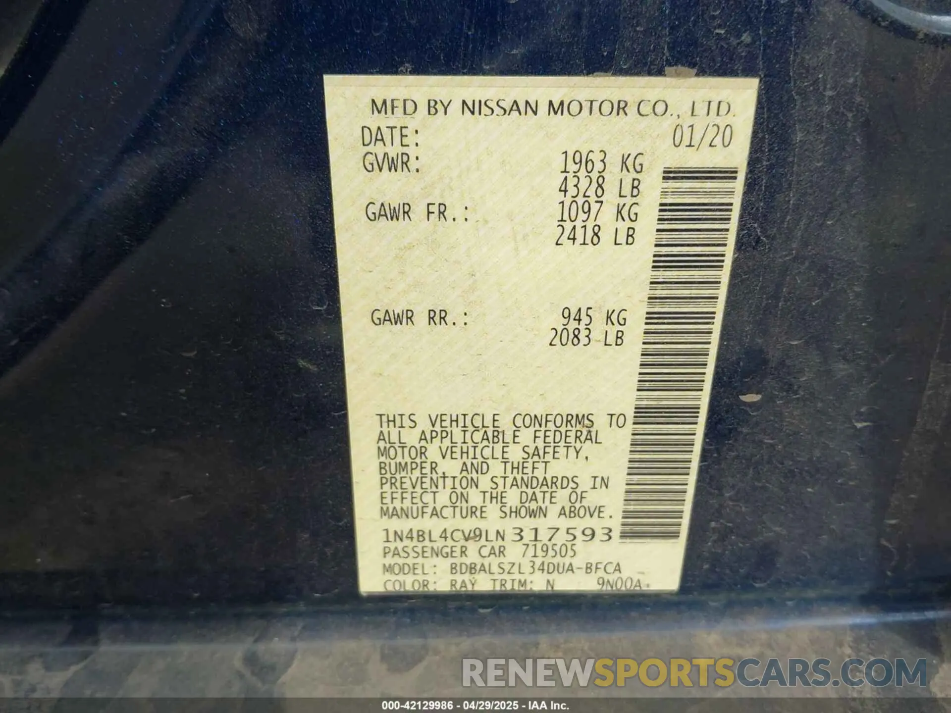 9 Photograph of a damaged car 1N4BL4CV9LN317593 NISSAN ALTIMA 2020