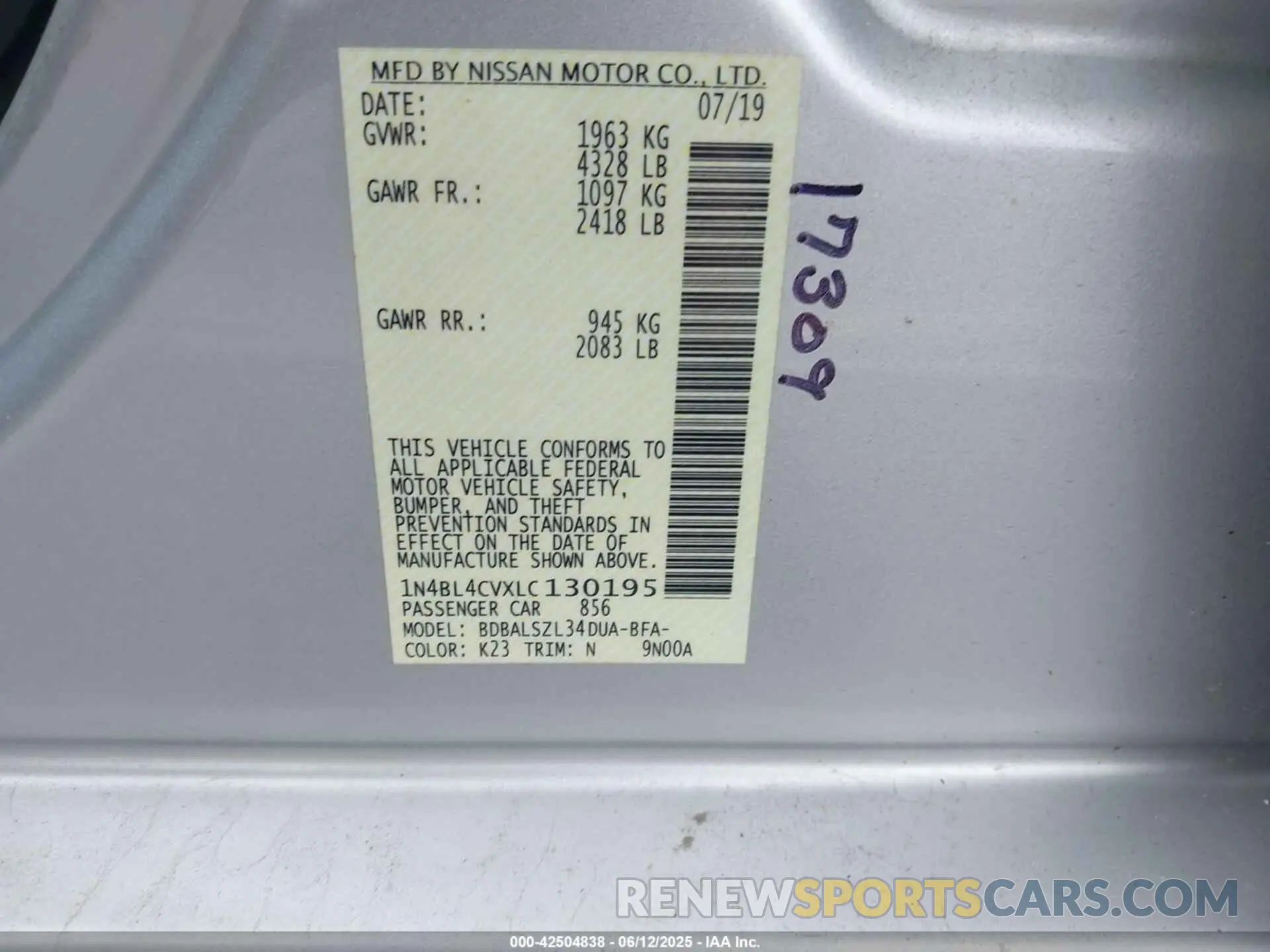 9 Photograph of a damaged car 1N4BL4CVXLC130195 NISSAN ALTIMA 2020