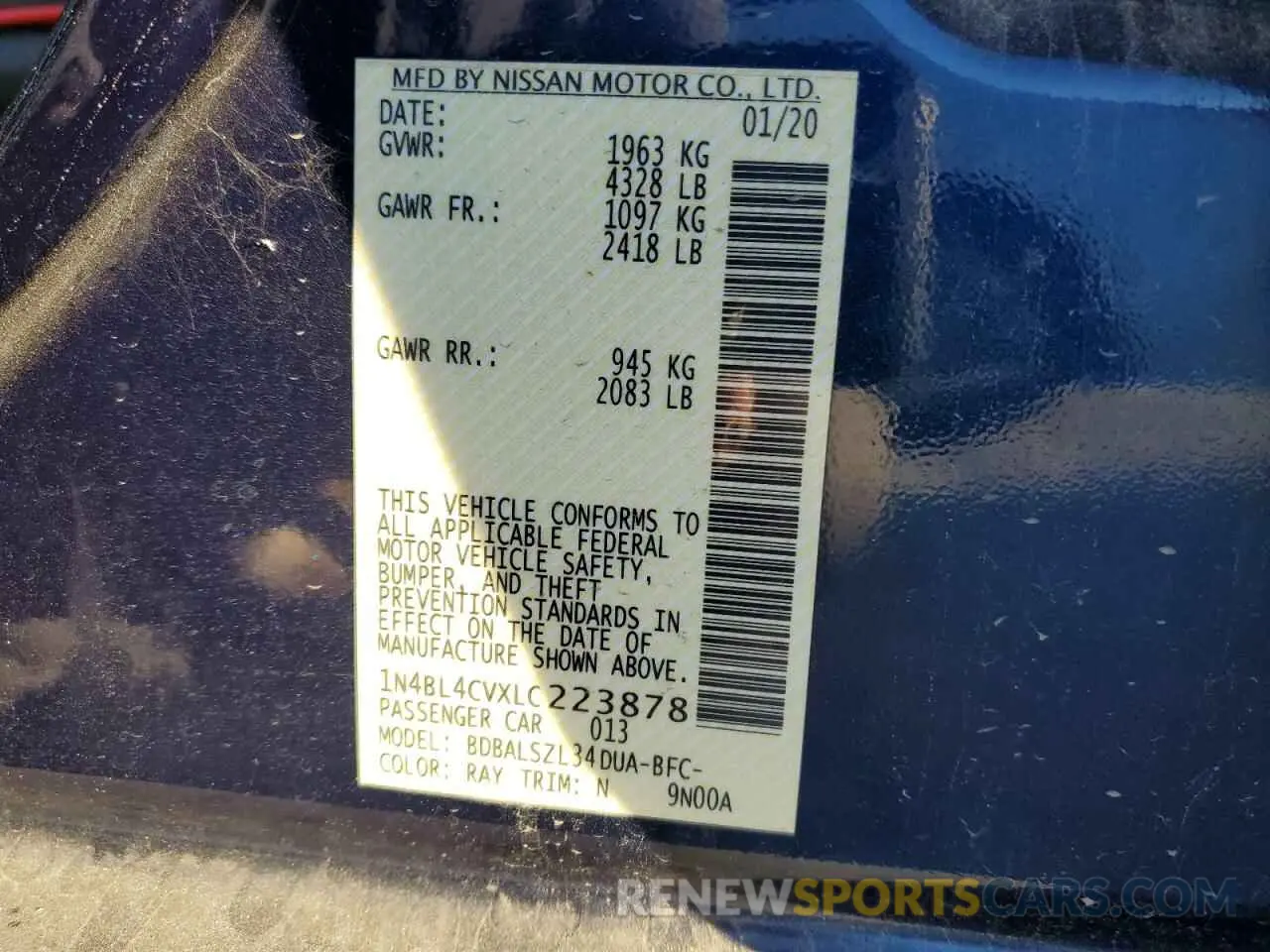 12 Photograph of a damaged car 1N4BL4CVXLC223878 NISSAN ALTIMA 2020
