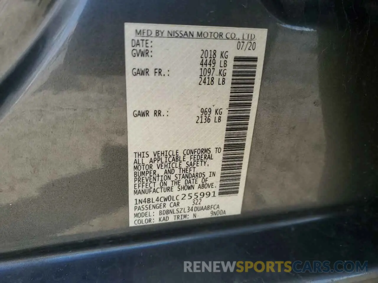 15 Photograph of a damaged car 1N4BL4CW0LC255991 NISSAN ALTIMA 2020