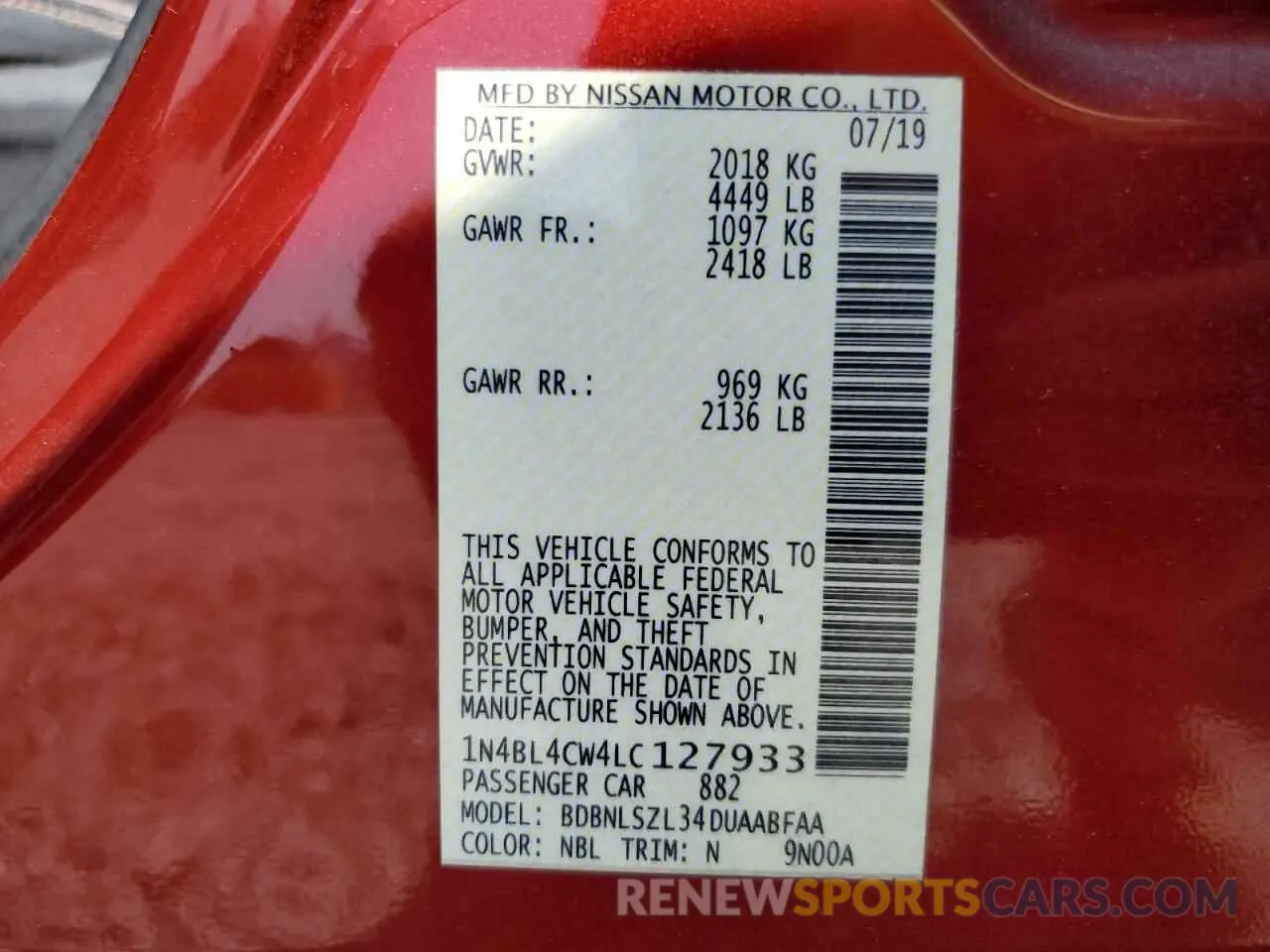 13 Photograph of a damaged car 1N4BL4CW4LC127933 NISSAN ALTIMA 2020