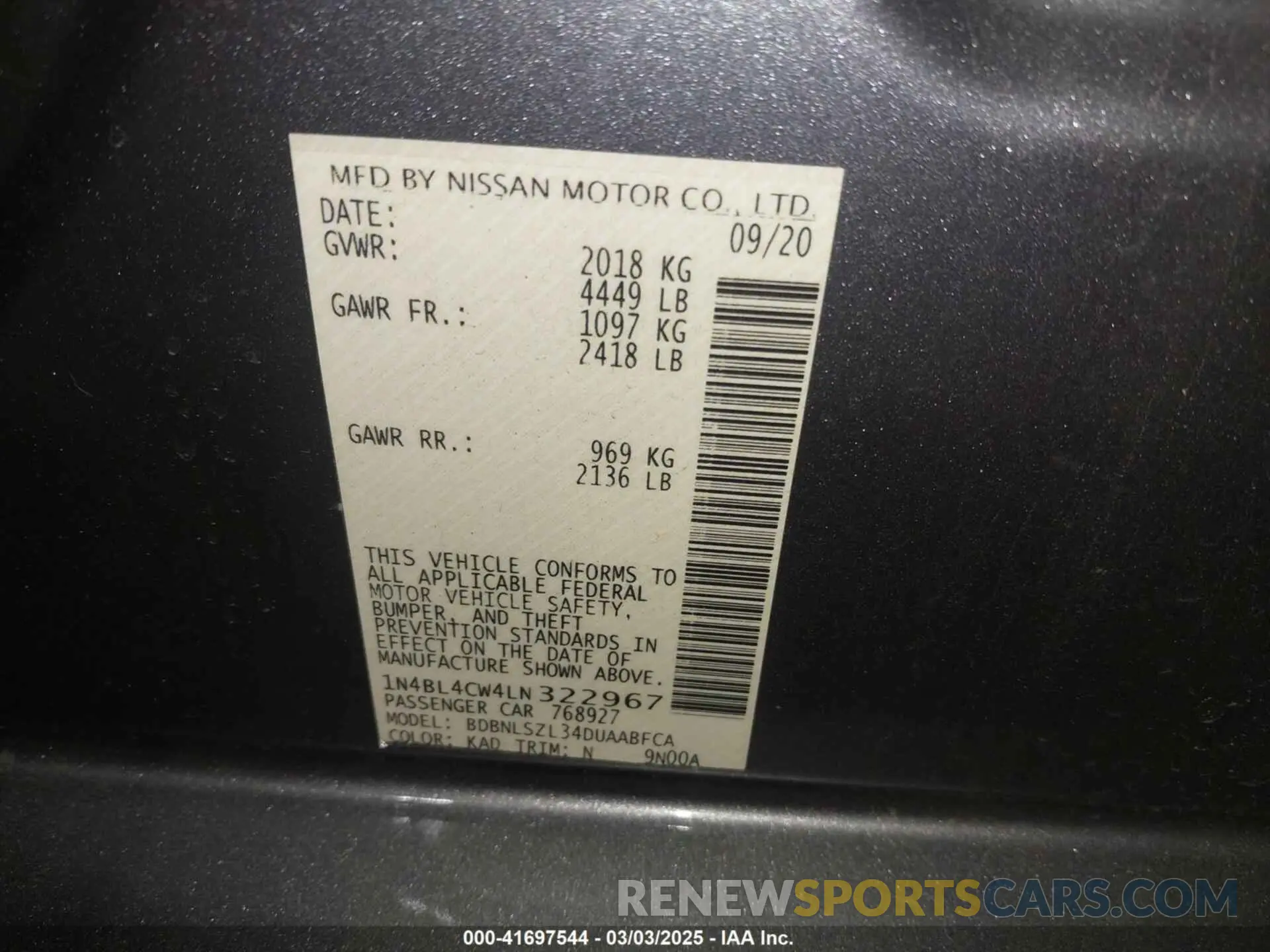 9 Photograph of a damaged car 1N4BL4CW4LN322967 NISSAN ALTIMA 2020