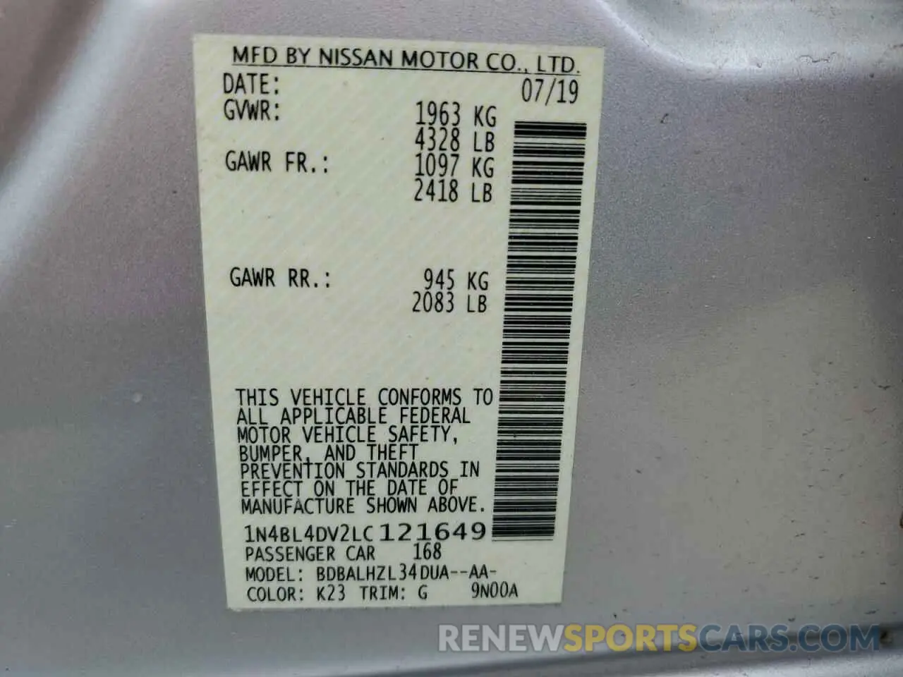 12 Photograph of a damaged car 1N4BL4DV2LC121649 NISSAN ALTIMA 2020