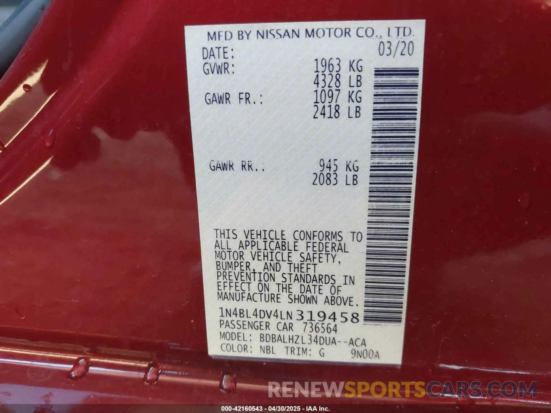 9 Photograph of a damaged car 1N4BL4DV4LN319458 NISSAN ALTIMA 2020