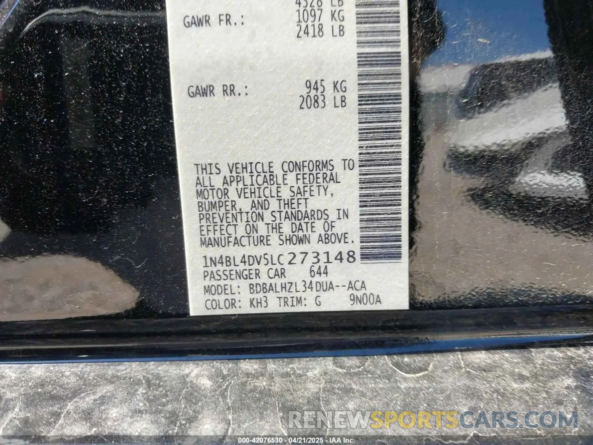 9 Photograph of a damaged car 1N4BL4DV5LC273148 NISSAN ALTIMA 2020