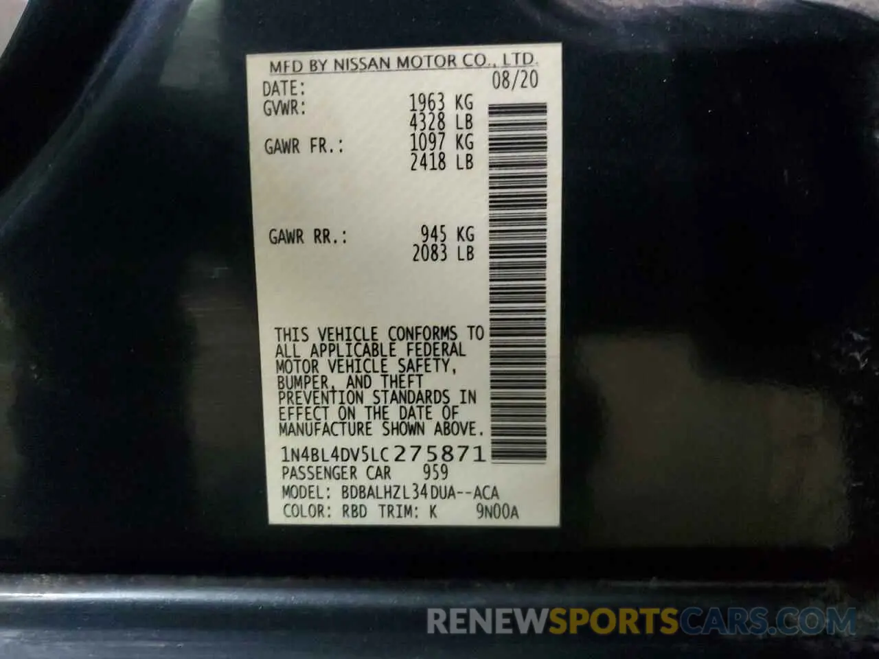 12 Photograph of a damaged car 1N4BL4DV5LC275871 NISSAN ALTIMA 2020