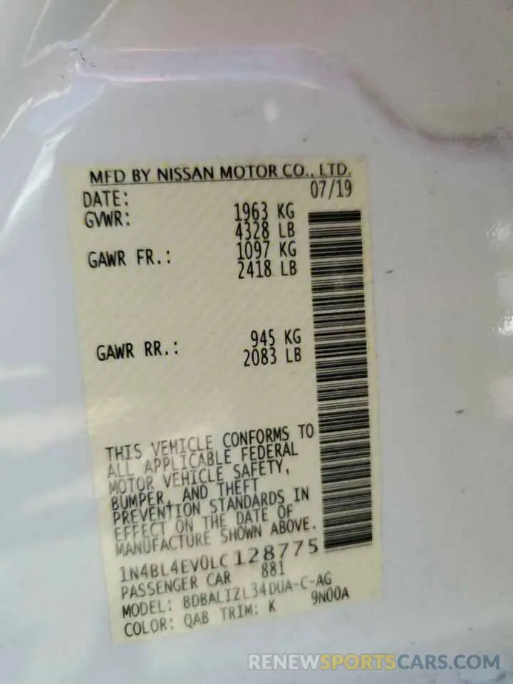 14 Photograph of a damaged car 1N4BL4EV0LC128775 NISSAN ALTIMA 2020