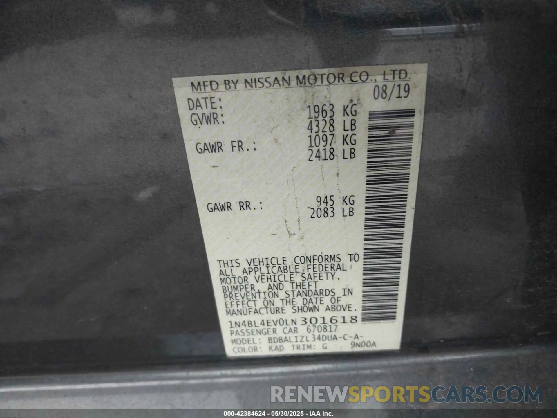 9 Photograph of a damaged car 1N4BL4EV0LN301618 NISSAN ALTIMA 2020