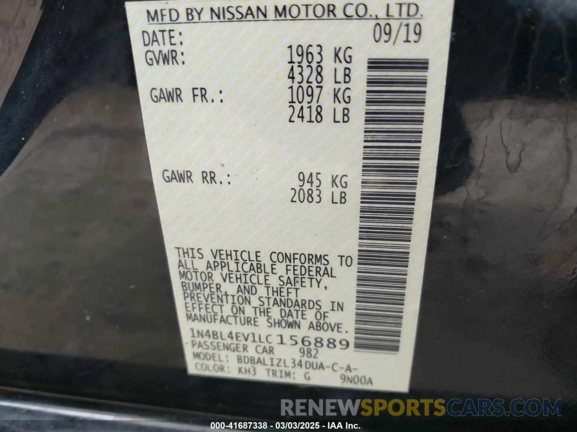 9 Photograph of a damaged car 1N4BL4EV1LC156889 NISSAN ALTIMA 2020