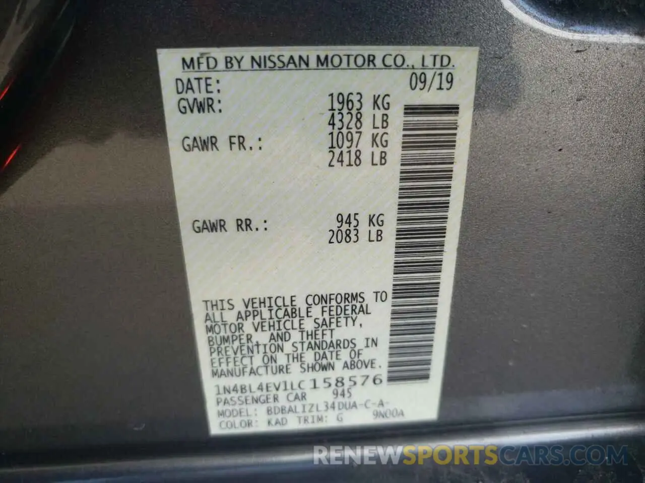 15 Photograph of a damaged car 1N4BL4EV1LC158576 NISSAN ALTIMA 2020