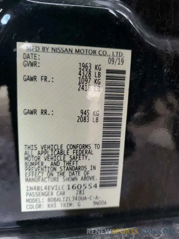 13 Photograph of a damaged car 1N4BL4EV1LC160554 NISSAN ALTIMA 2020