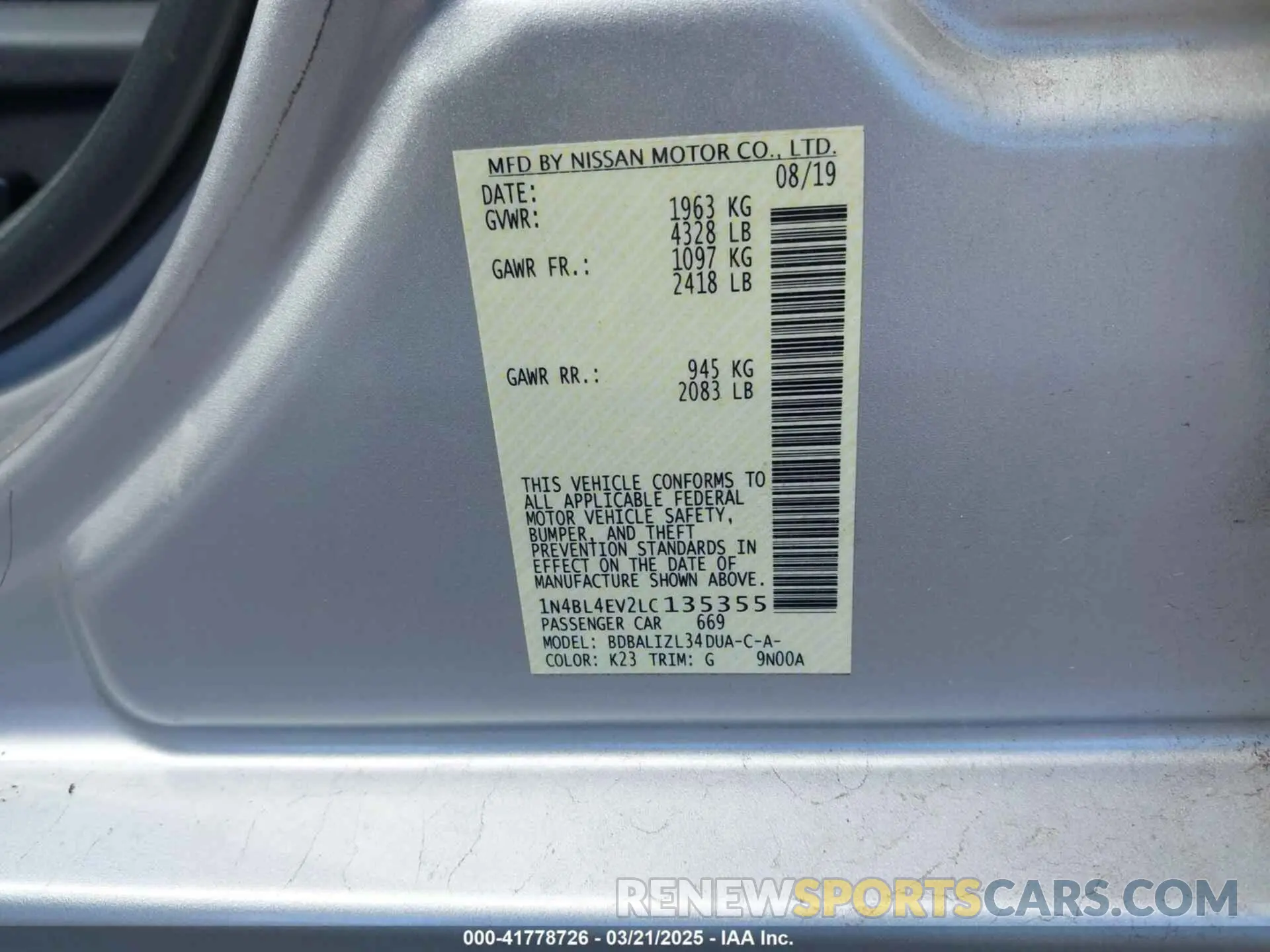 9 Photograph of a damaged car 1N4BL4EV2LC135355 NISSAN ALTIMA 2020