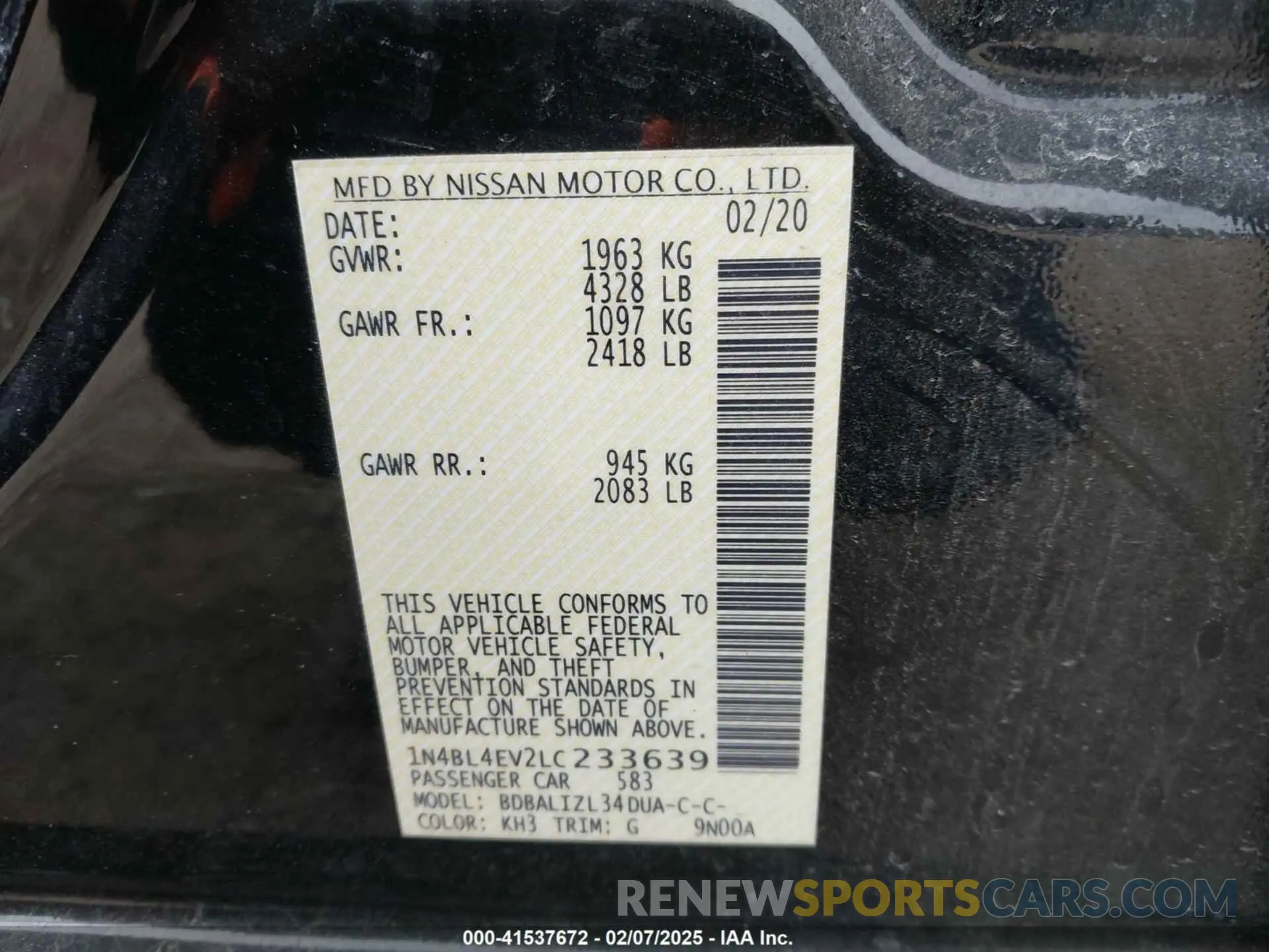 9 Photograph of a damaged car 1N4BL4EV2LC233639 NISSAN ALTIMA 2020