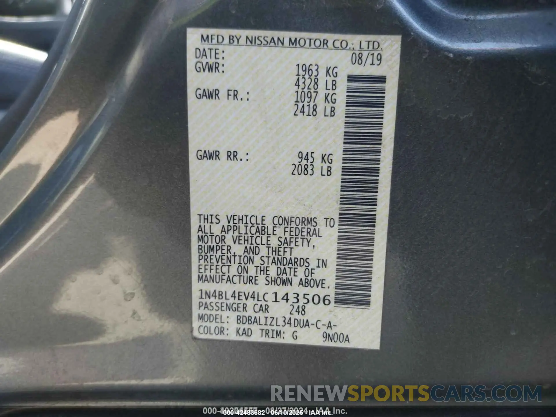 9 Photograph of a damaged car 1N4BL4EV4LC143506 NISSAN ALTIMA 2020