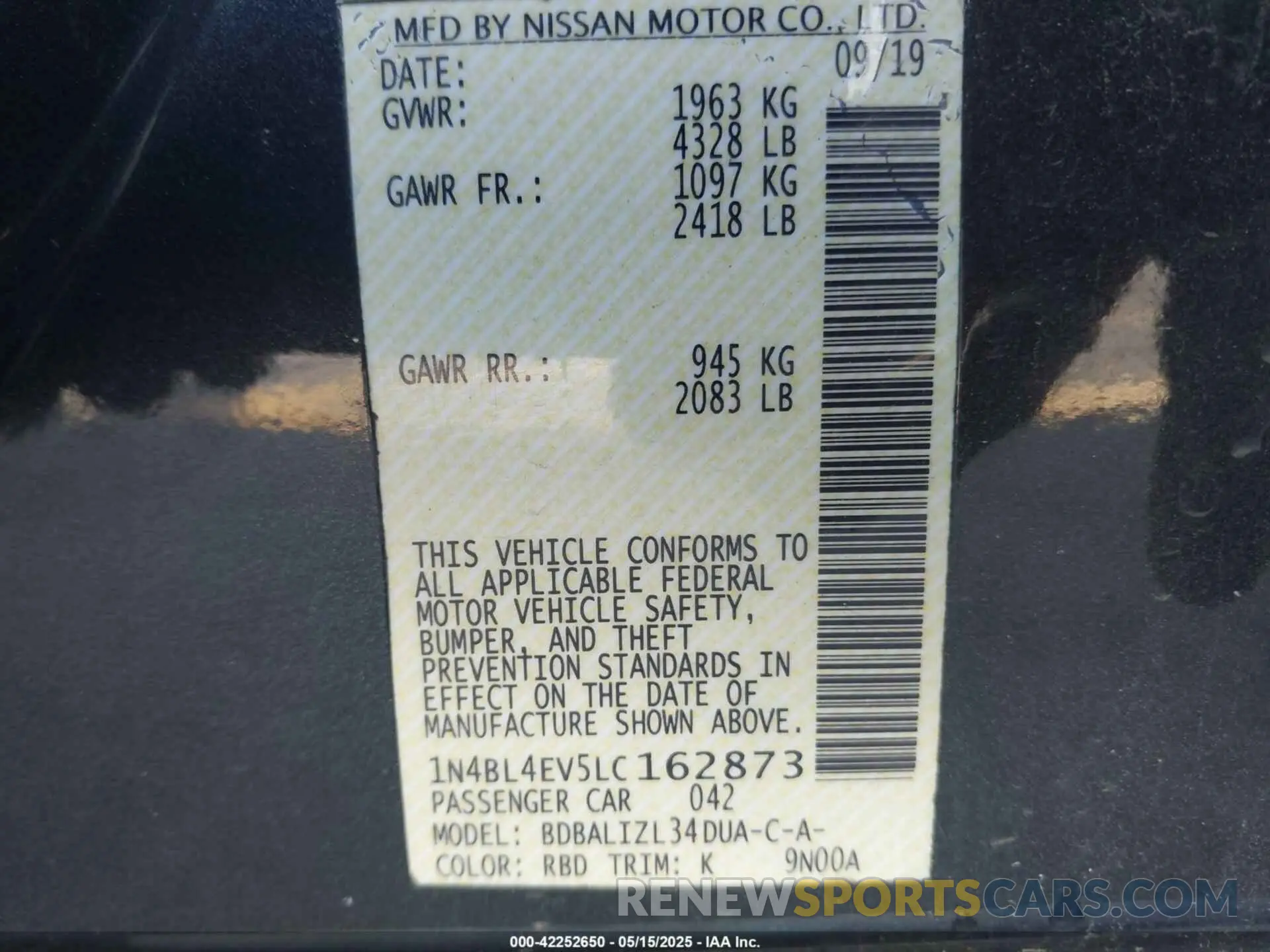 9 Photograph of a damaged car 1N4BL4EV5LC162873 NISSAN ALTIMA 2020
